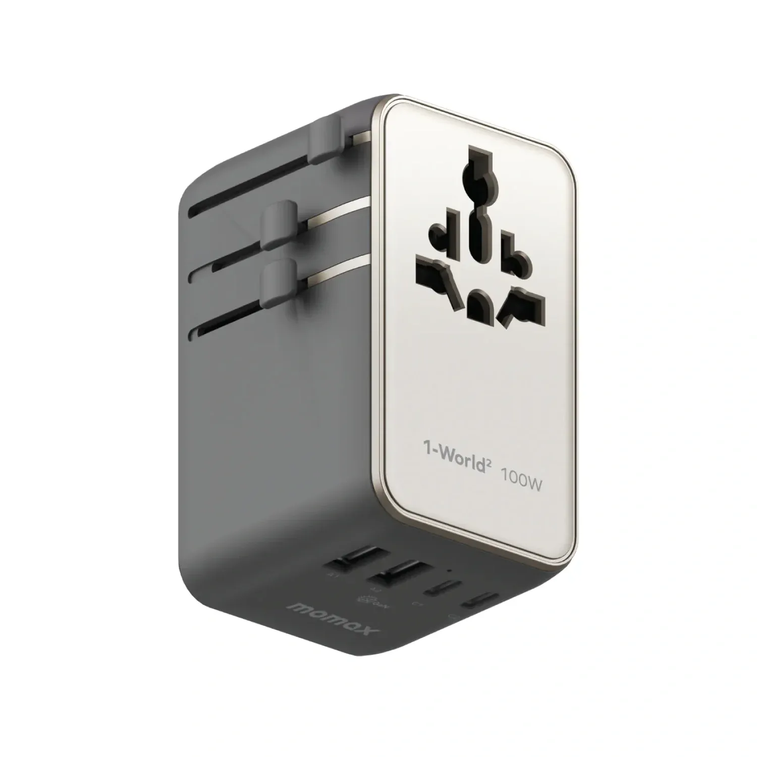 Momax UA23L 100W GaN 4-Port + Dual AC Travel Adapter, Titanium