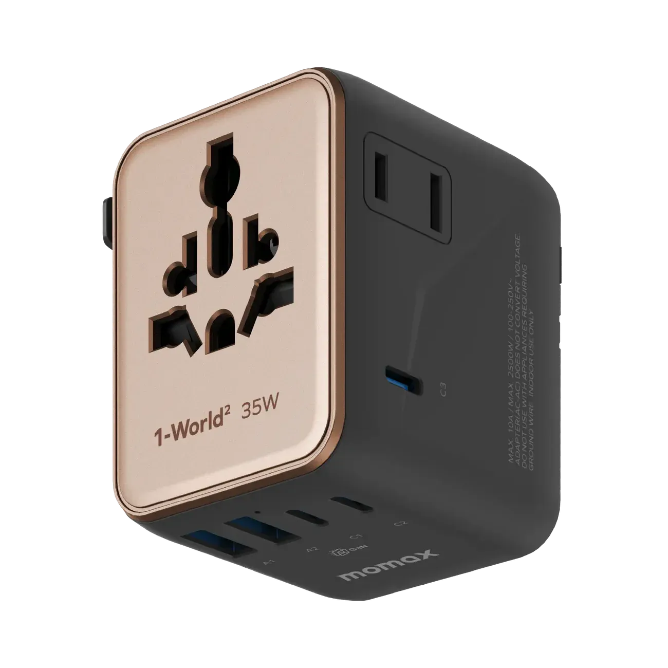 Momax UA27L2 35W GaN 5-Port + Dual AC Travel Adapter, Desert Gold