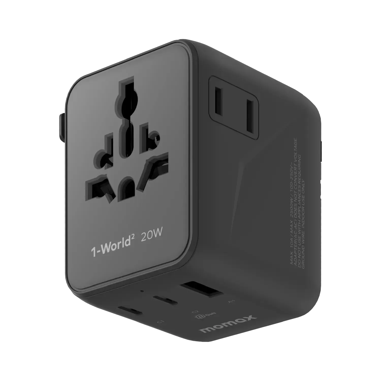 Momax UA26D 20W GaN 3-Port + Dual AC Travel Adapter, Black