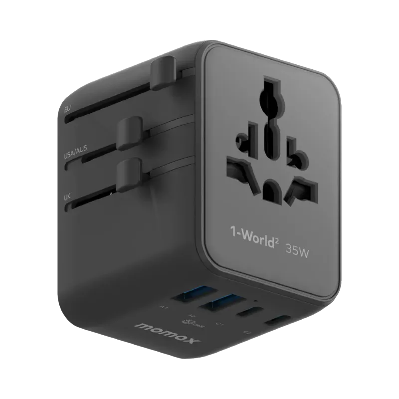 Momax UA27D 35W GaN 5-Port + Dual AC Travel Adapter, Black