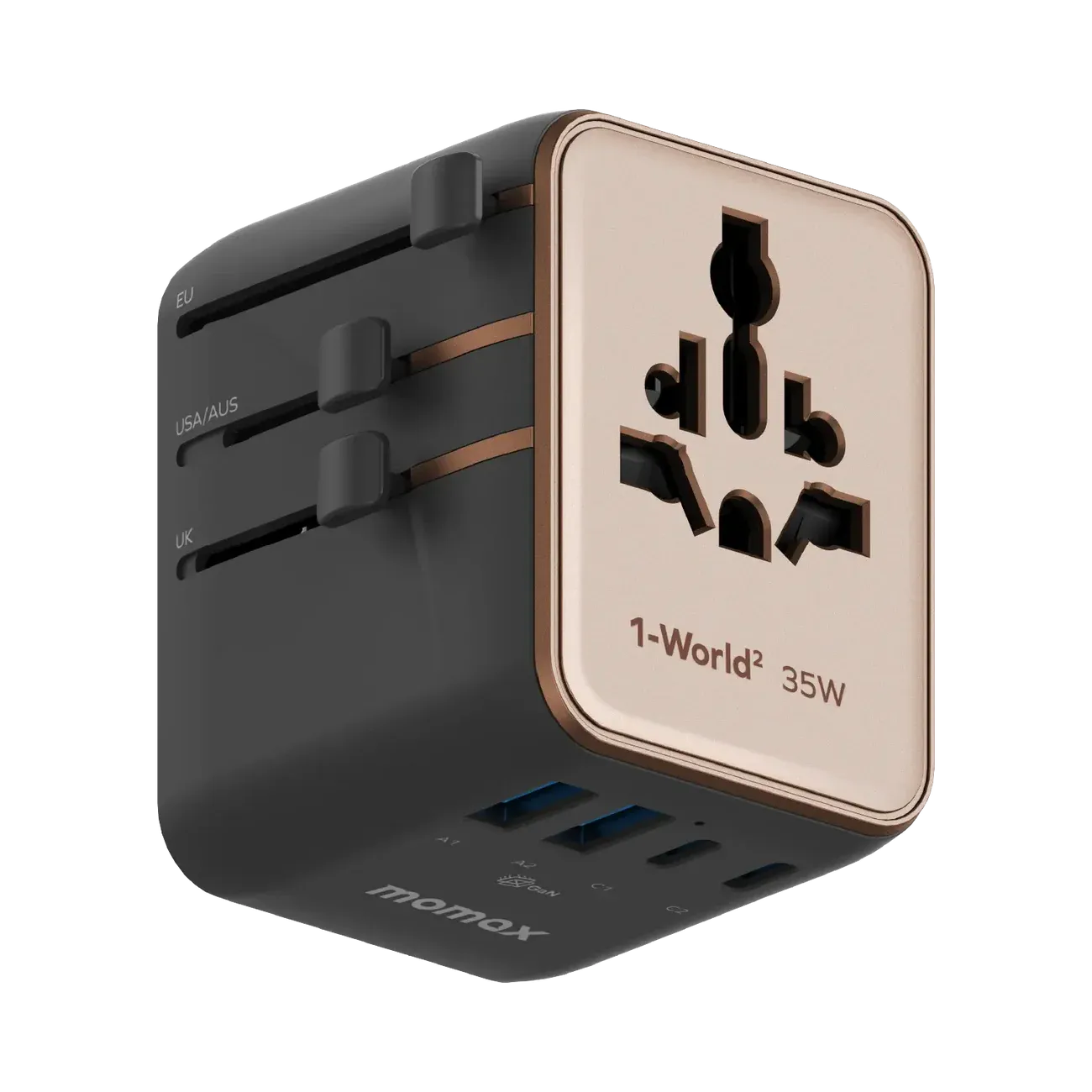 Momax UA27L2 35W GaN 5-Port + Dual AC Travel Adapter, Desert Gold