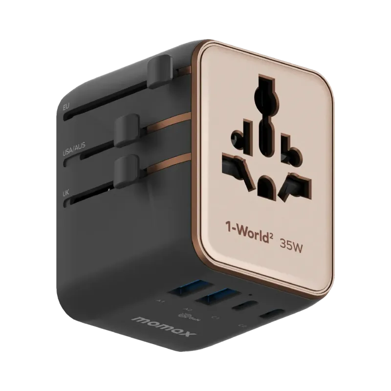 Momax UA27L2 35W GaN 5-Port + Dual AC Travel Adapter, Desert Gold