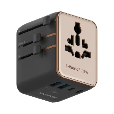 Momax UA27L2 35W GaN 5-Port + Dual AC Travel Adapter, Desert Gold
