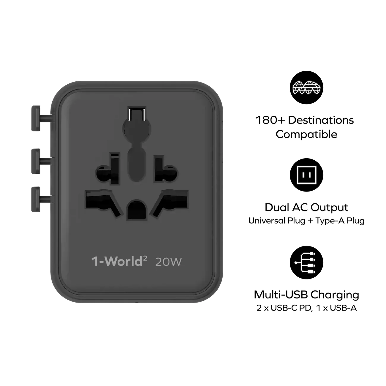 Momax UA26D 20W GaN 3-Port + Dual AC Travel Adapter, Black