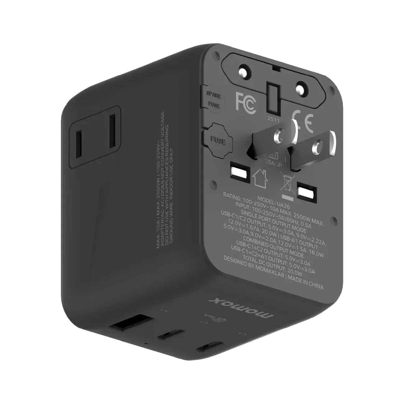 Momax UA26D 20W GaN 3-Port + Dual AC Travel Adapter, Black