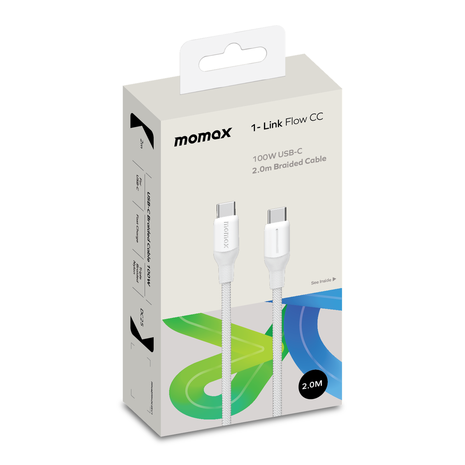 Momax DC25W Flow USB-C to USB-C Braided Cable, 2M 100W White