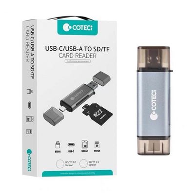 Coteci USB-C/USB-A to SD 3.0/TF 2.0 Card Reader, Black