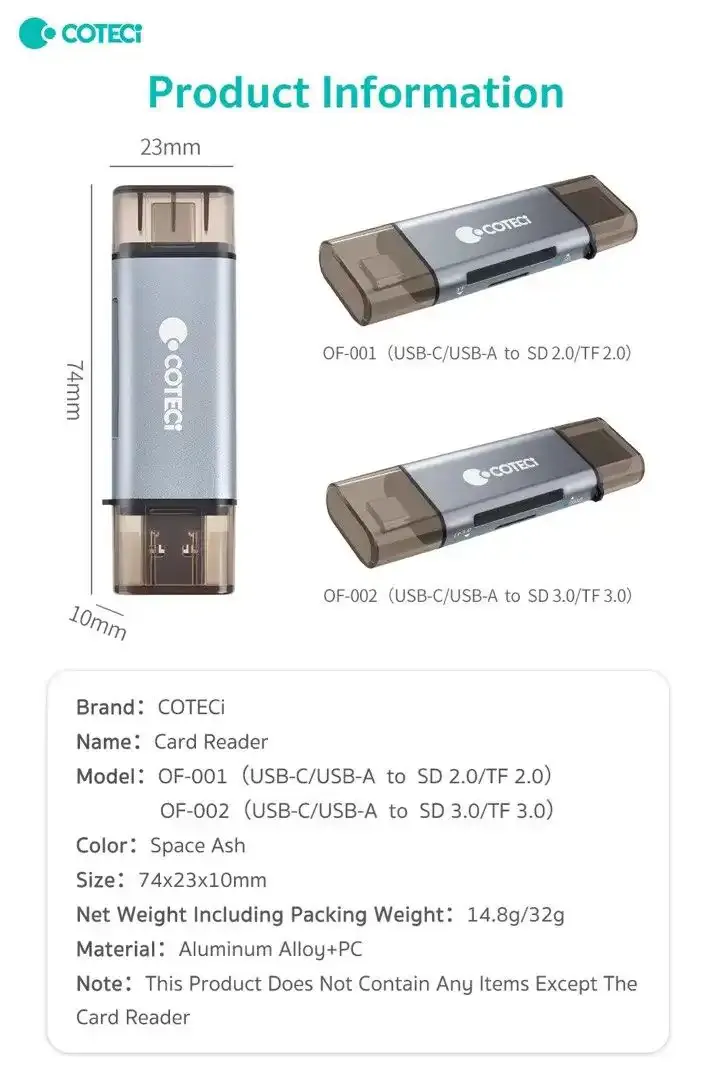 Coteci USB-C/USB-A to SD 3.0/TF 2.0 Card Reader, Black
