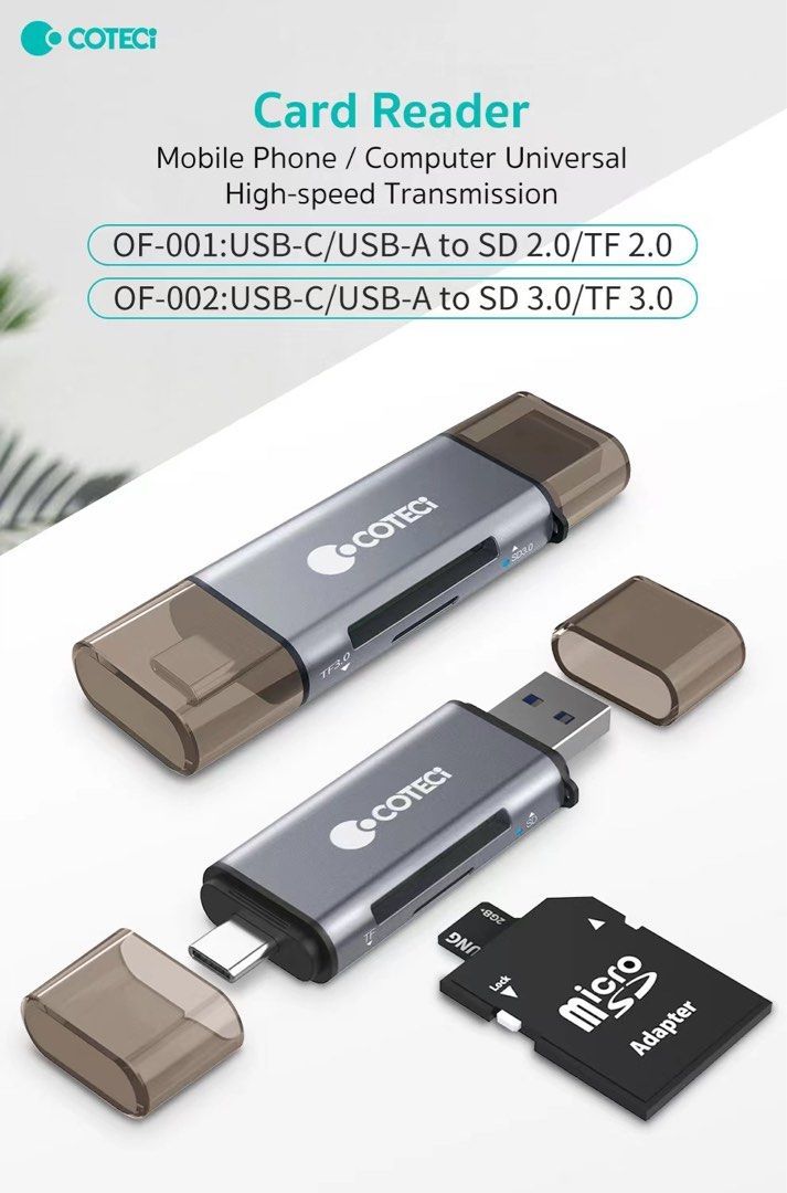 Coteci USB-C/USB-A to SD 3.0/TF 2.0 Card Reader, Black