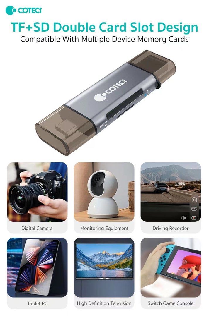 Coteci USB-C/USB-A to SD 3.0/TF 2.0 Card Reader, Black