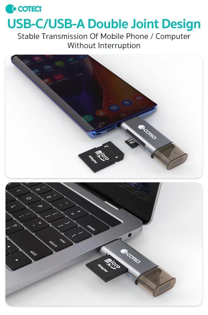 Coteci USB-C/USB-A to SD 3.0/TF 2.0 Card Reader, Black