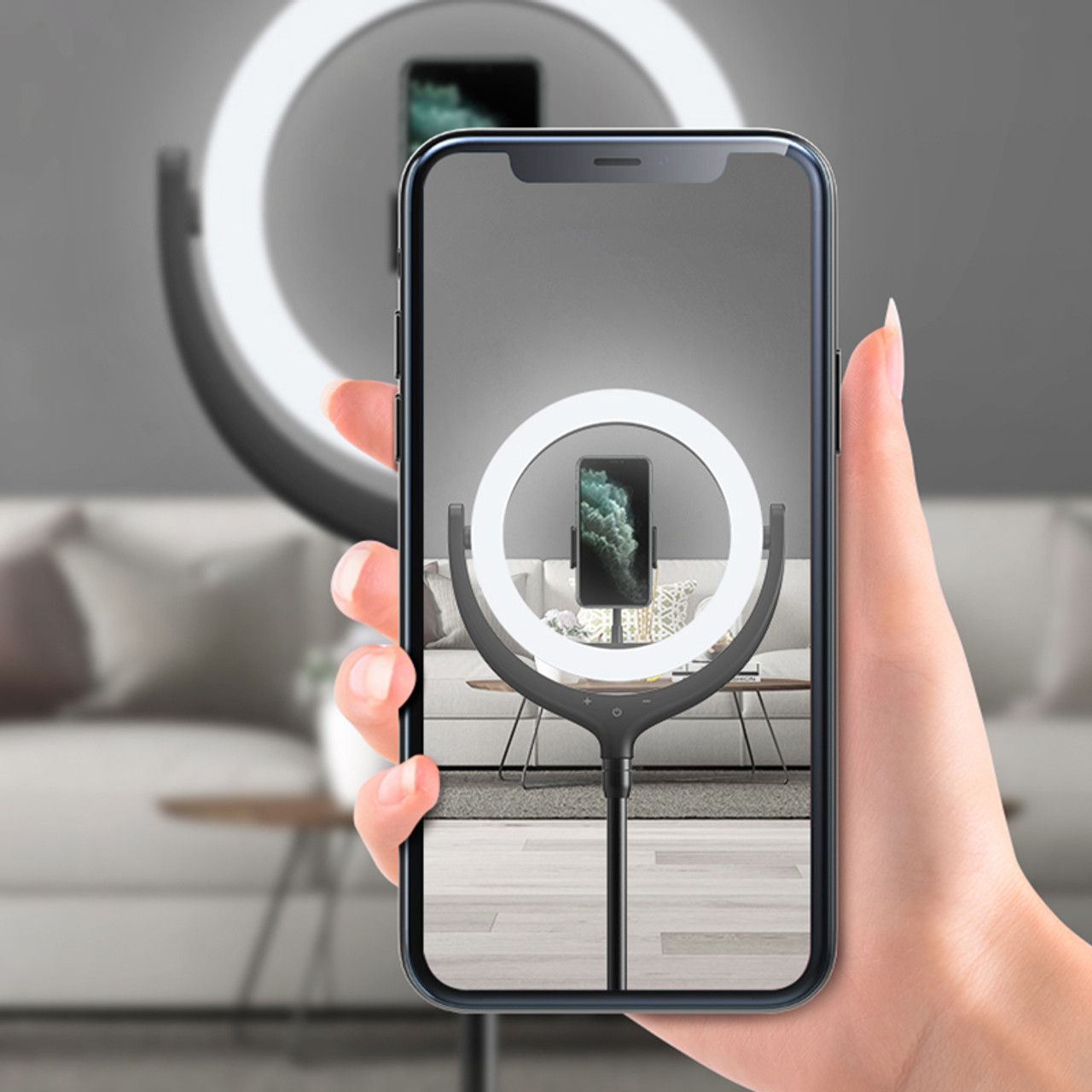 Devia Live Streaming Desktop Stand with LED Ring Light, White (12", 40cm)