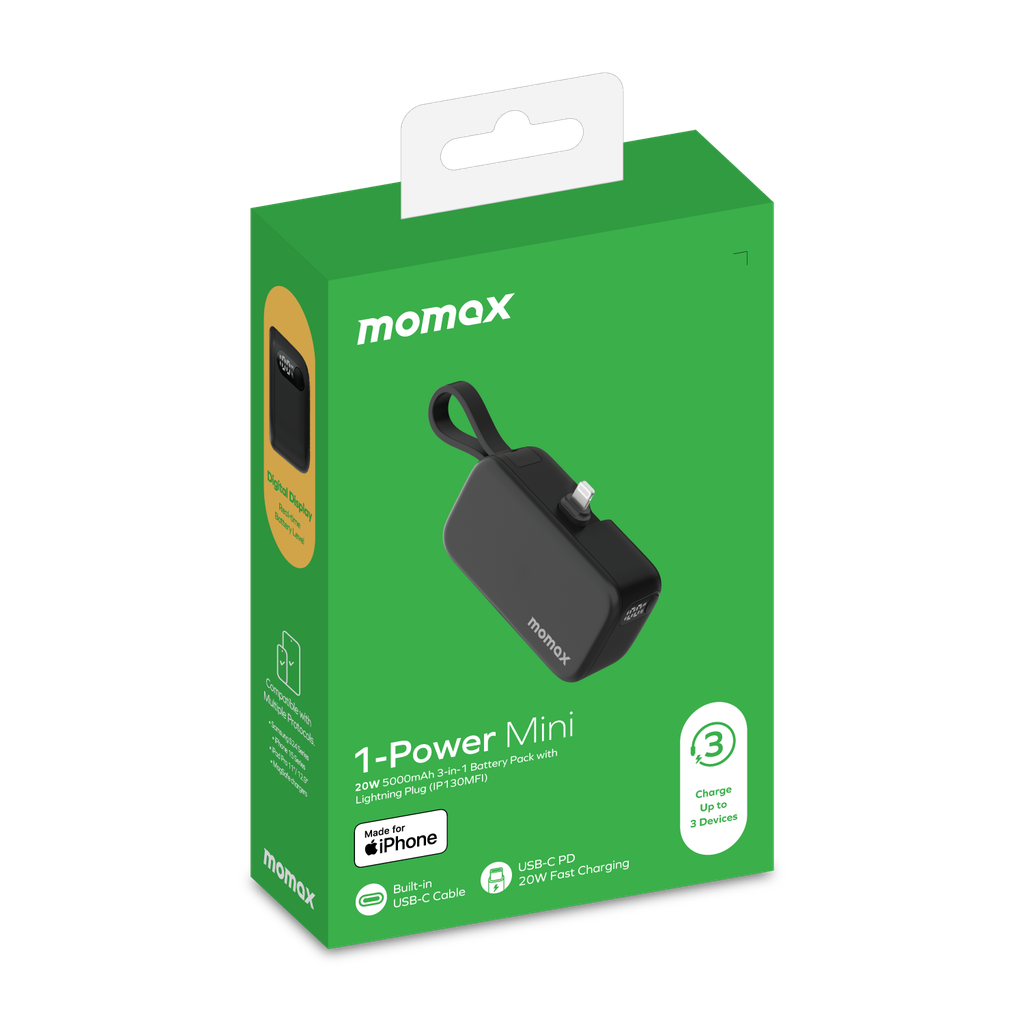 Momax 3-in-1 Mini Power Bank with USB-C Plug 5000mAh, Green