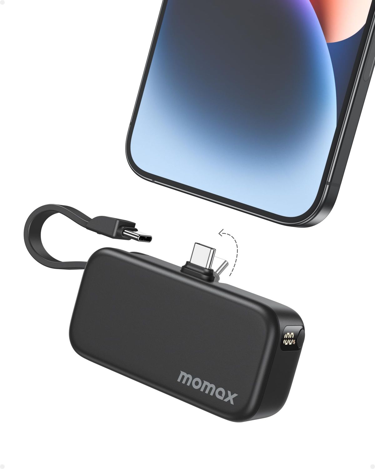 Momax 3-in-1 Mini Power Bank with USB-C Plug 5000mAh, Black