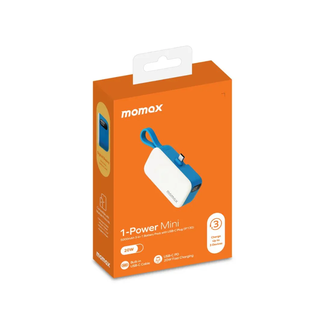 Momax 3-in-1 Mini Power Bank with USB-C Plug 5000mAh, Blue