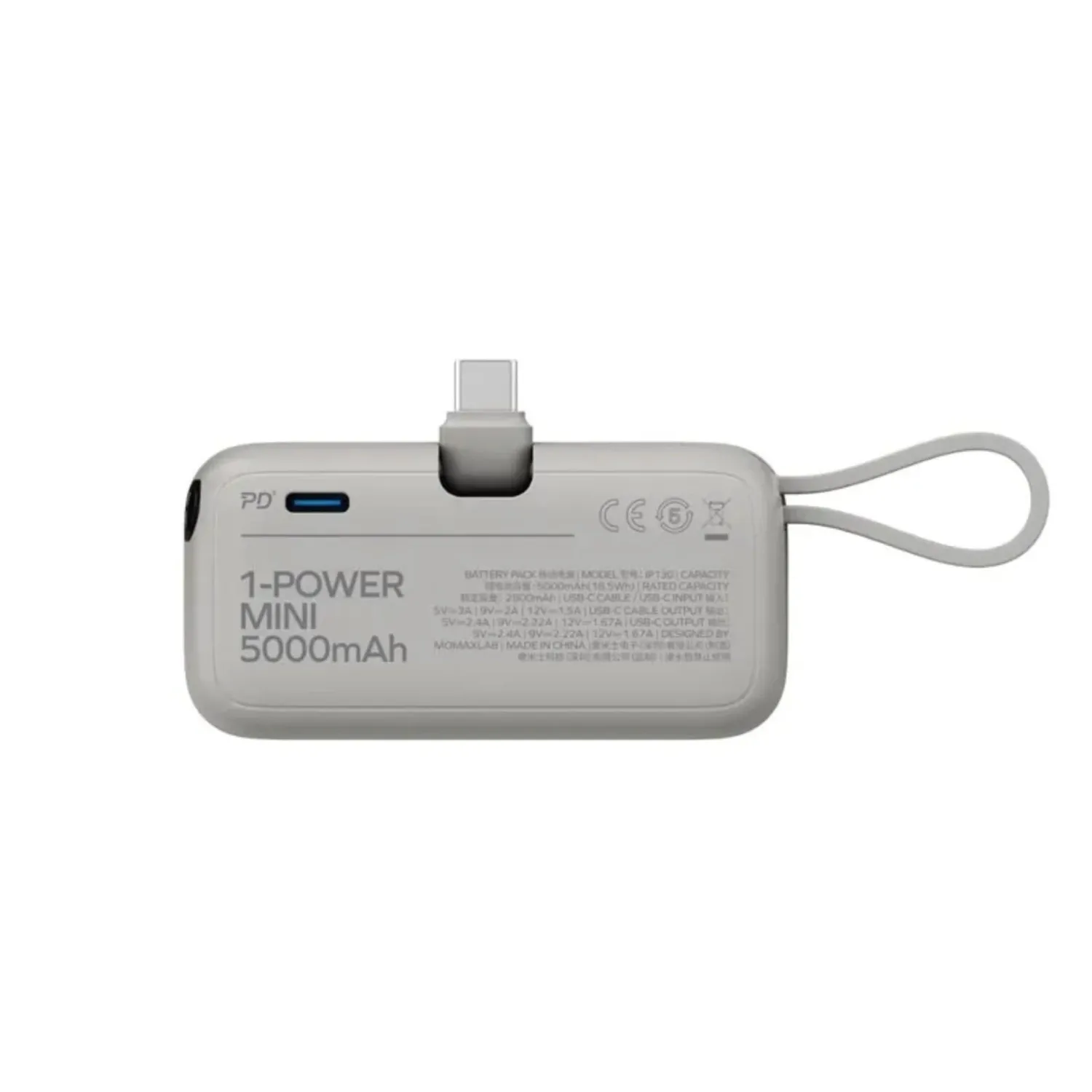 Momax 3-in-1 Mini Power Bank with USB-C Plug 5000mAh, Gray