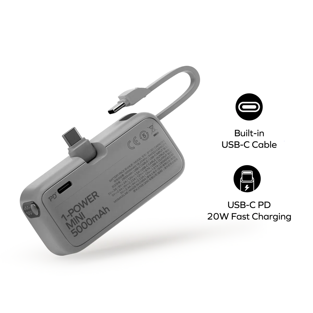 Momax 3-in-1 Mini Power Bank with USB-C Plug 5000mAh, Gray