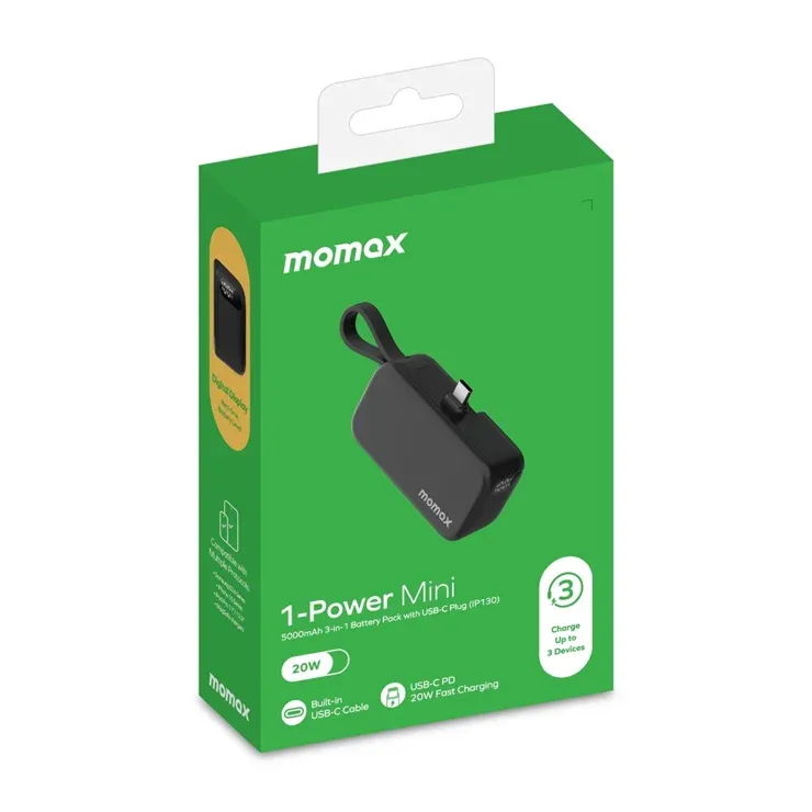 Momax 3-in-1 Mini Power Bank with USB-C Plug 5000mAh, Black