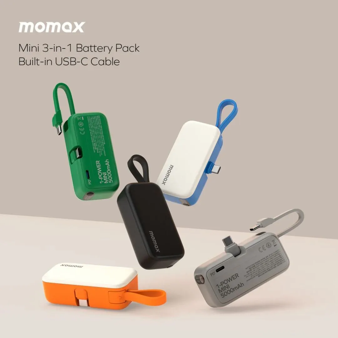 Momax 3-in-1 Mini Power Bank with USB-C Plug 5000mAh, Blue