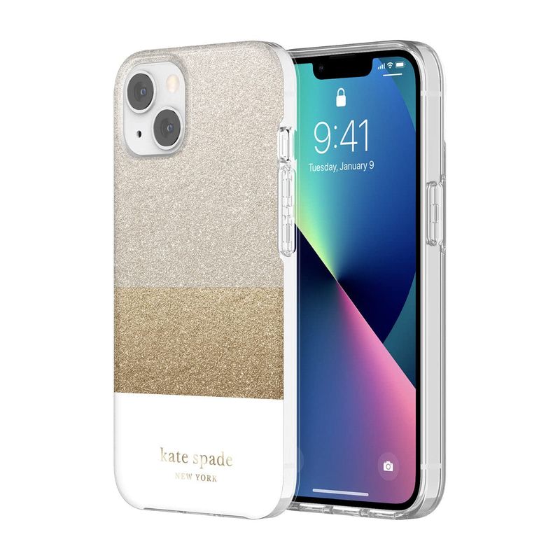KSNY iPhone 13 mini Protective Hardshell, Glitter Block White/Silver Glitter/Gol
