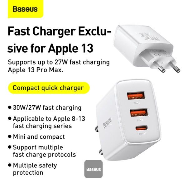 Baseus 30W Compact Fast Charger 2U+C UK WHITE