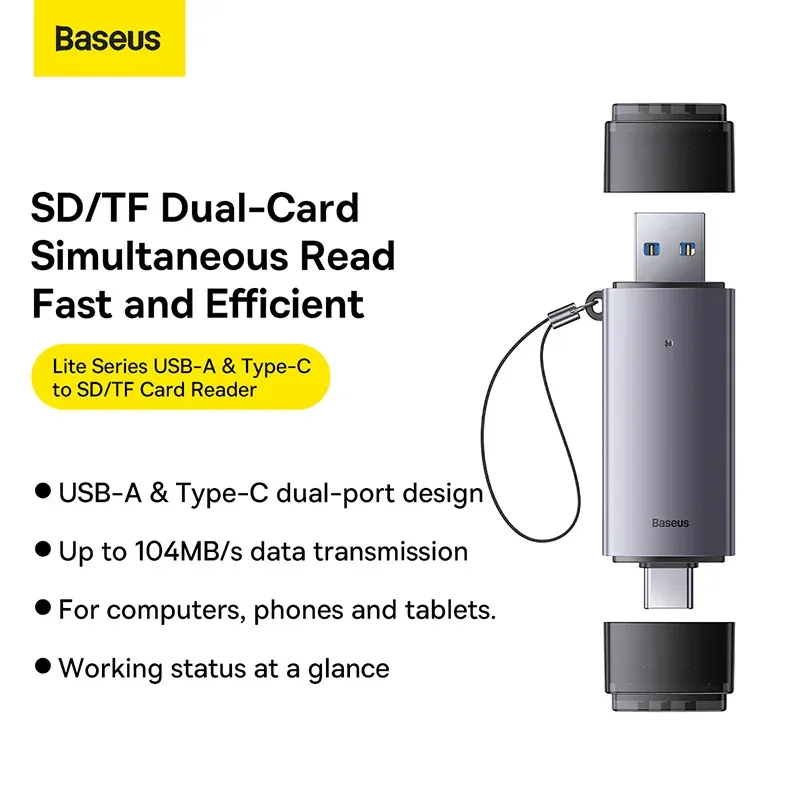 Baseus Lite Series USB-A   Type-C to SD/TF Card Reader, Grey