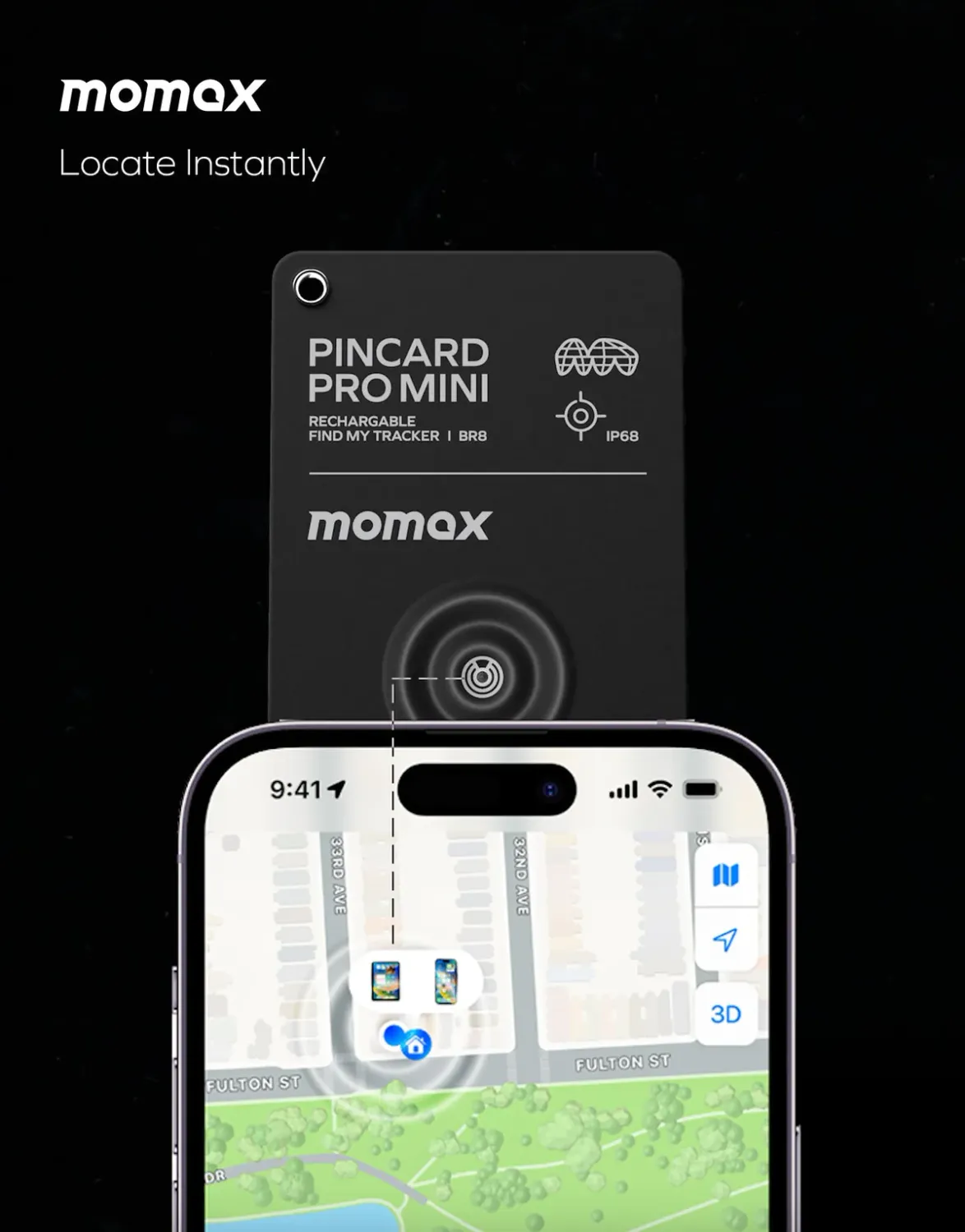 Momax BR8D Pincard Pro Mini Rechargeable Find My Mini Locator, Blak