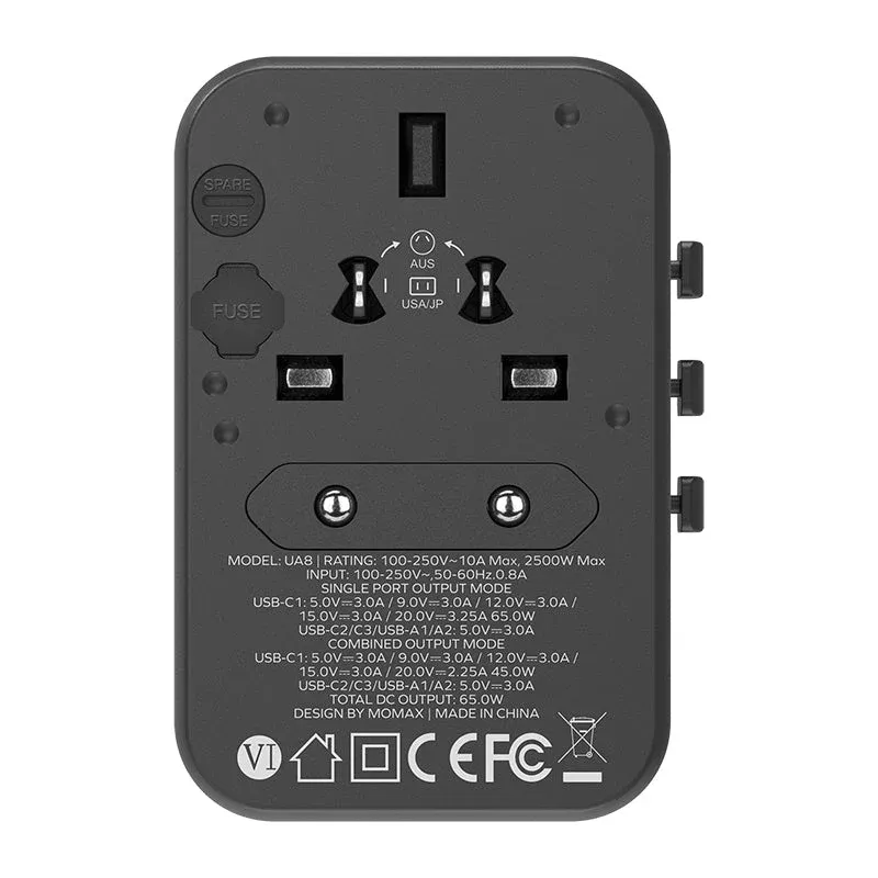 Momax UA8D 65W GaN 5-Port + AC Travel Adapter, Black