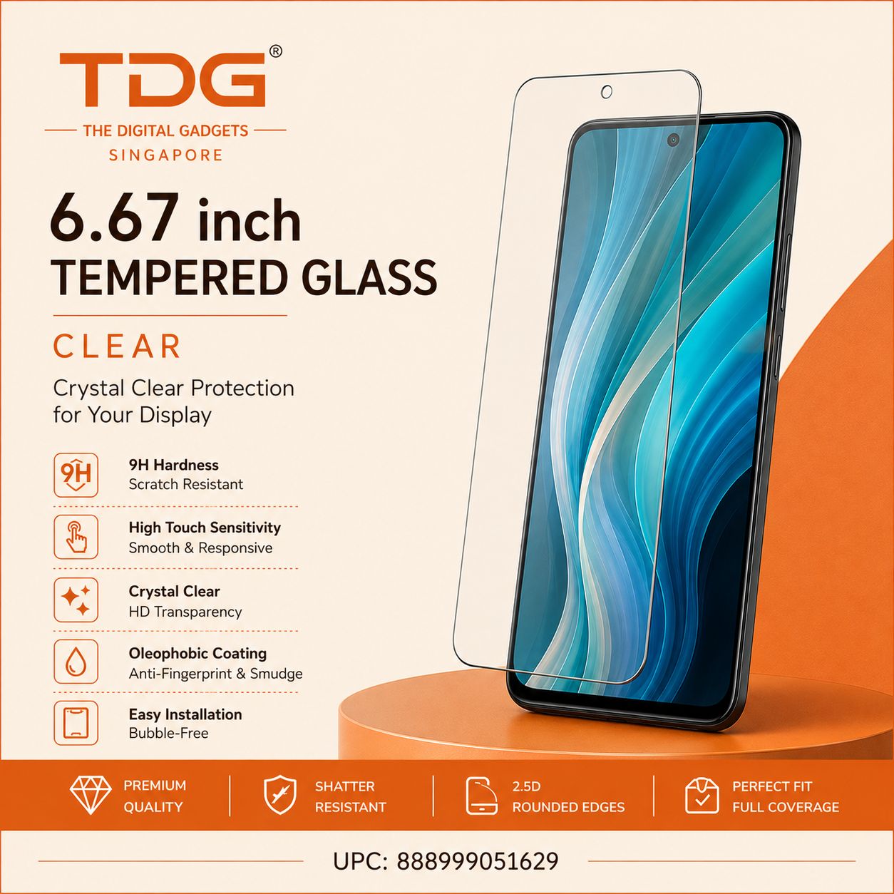 TDG 6.67 inch Tempered Glass, Clear
