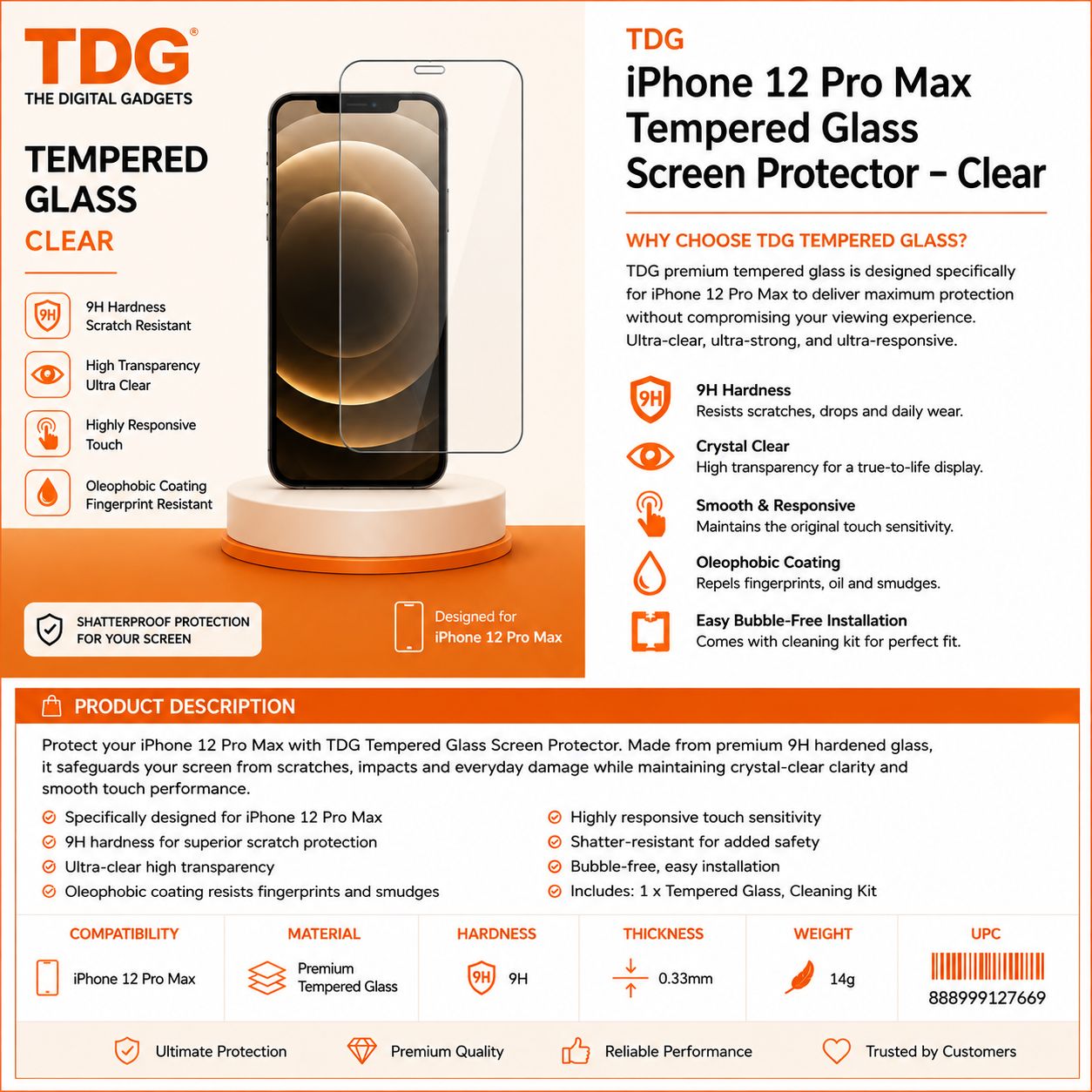 TDG iPhone 12 Pro Max Tempered Glass, Clear