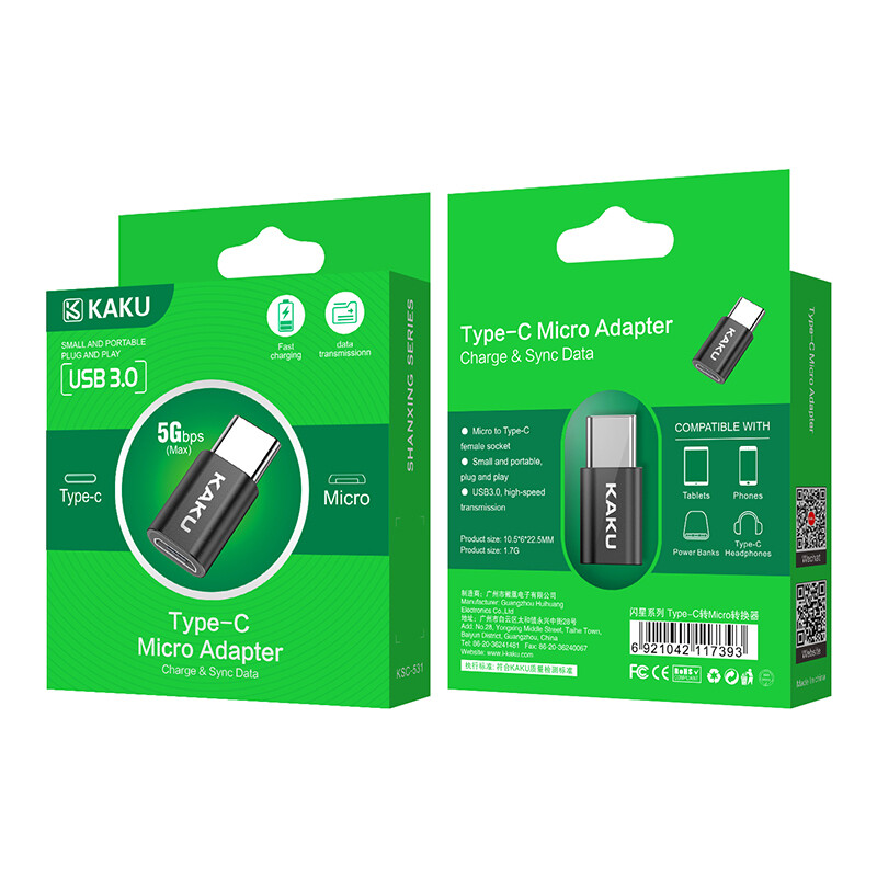 Kaku Type-C To Micro Converter, Black, KSC-531 SHANXING