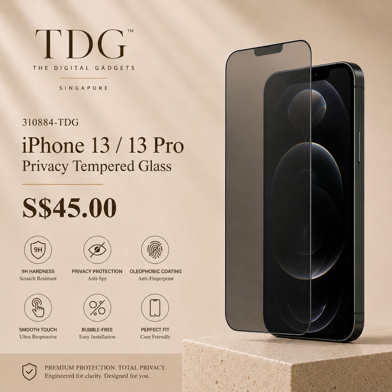 TDG iPhone 13 / 13 Pro Privacy Tempered Glass