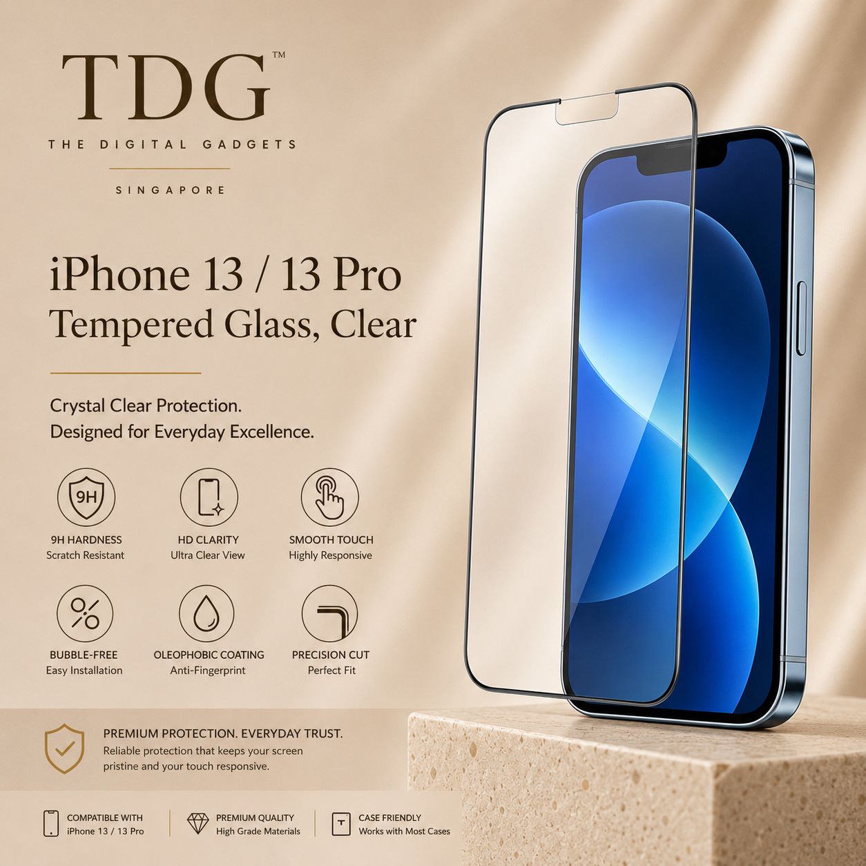 TDG iPhone 13 / 13 Pro Clear Tempered Glass
