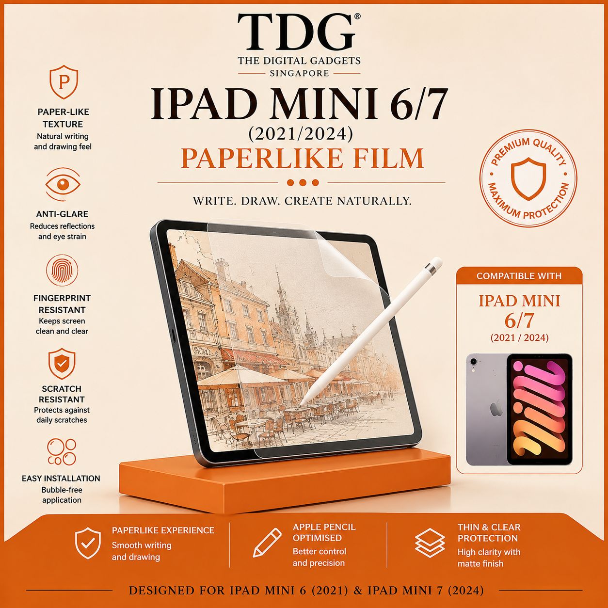 TDG iPad mini 6/7 (2021/2024) Paperlike Screen Protector