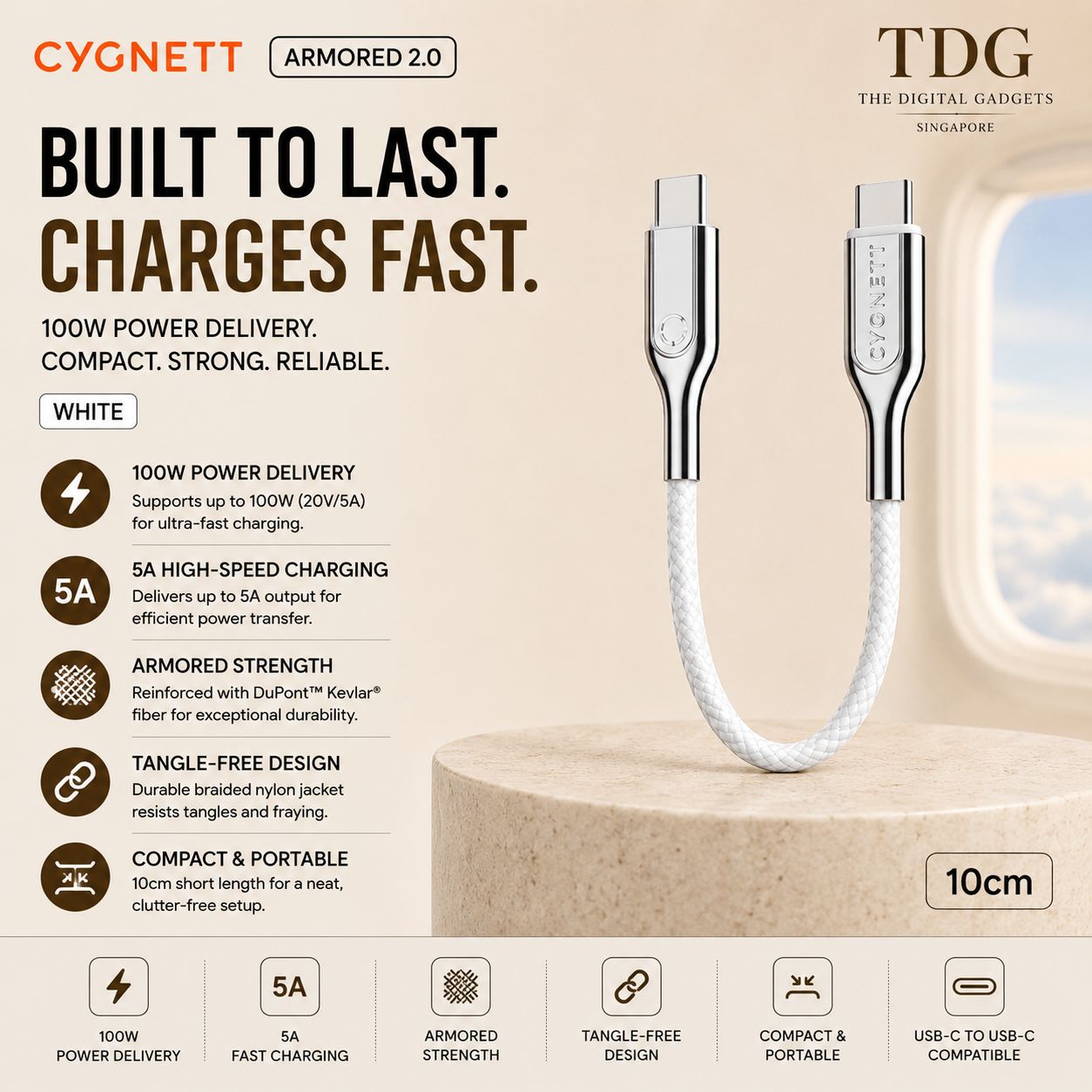 Cygnett Armored 2.0 C to C (5A/100W ) Cable 10cm, White