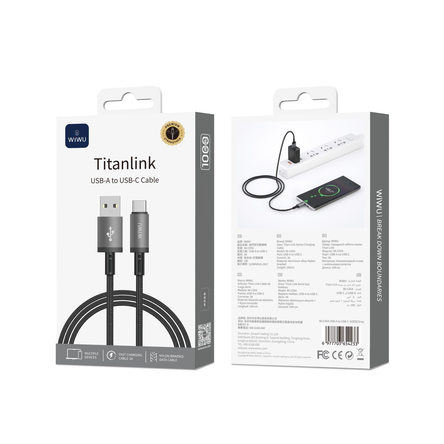 WiWU Titanlink Wi-C054 USB-A to USB-C Cable, 1M Grey