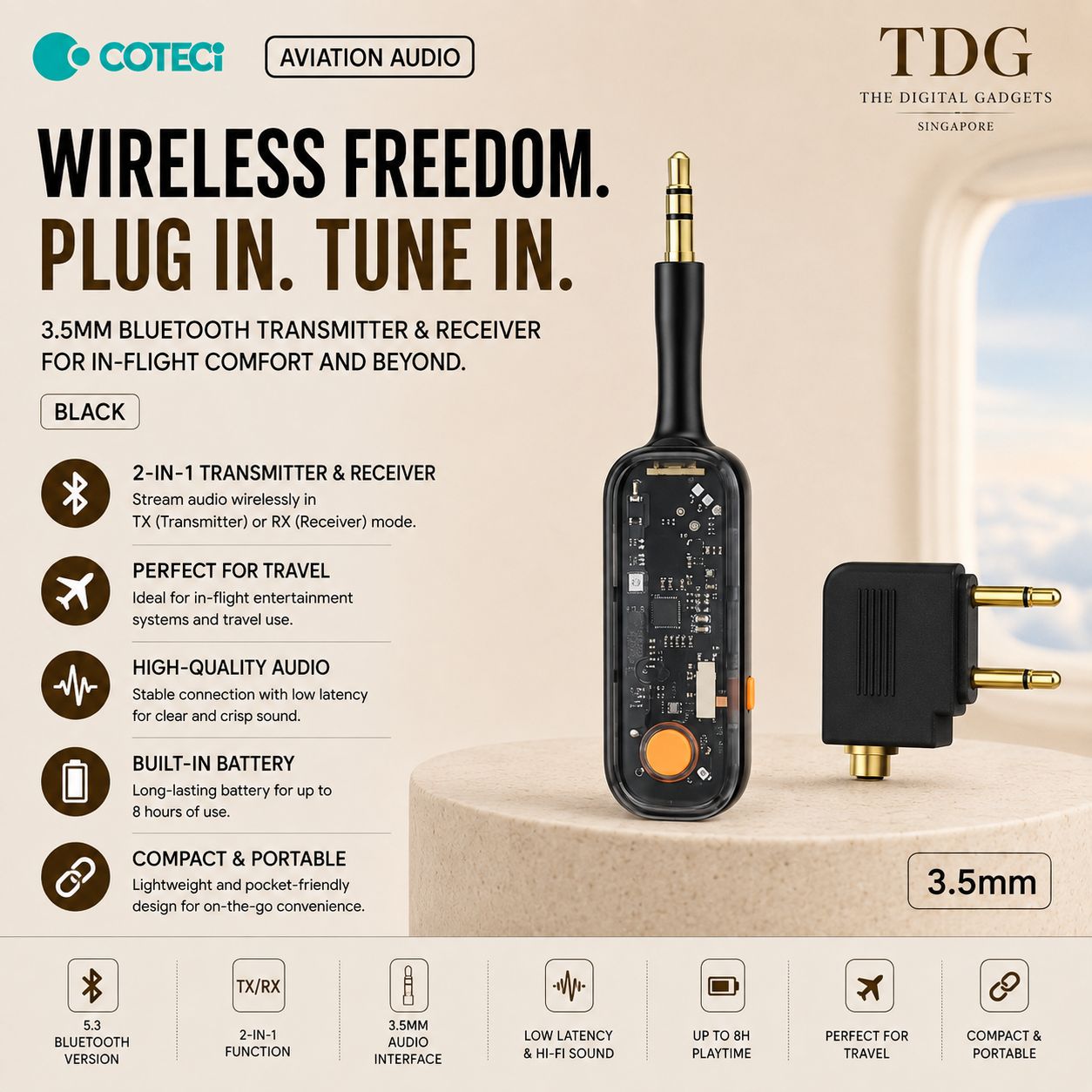 Coteci Aviation Audio Transmitter Receiver 3.5mm