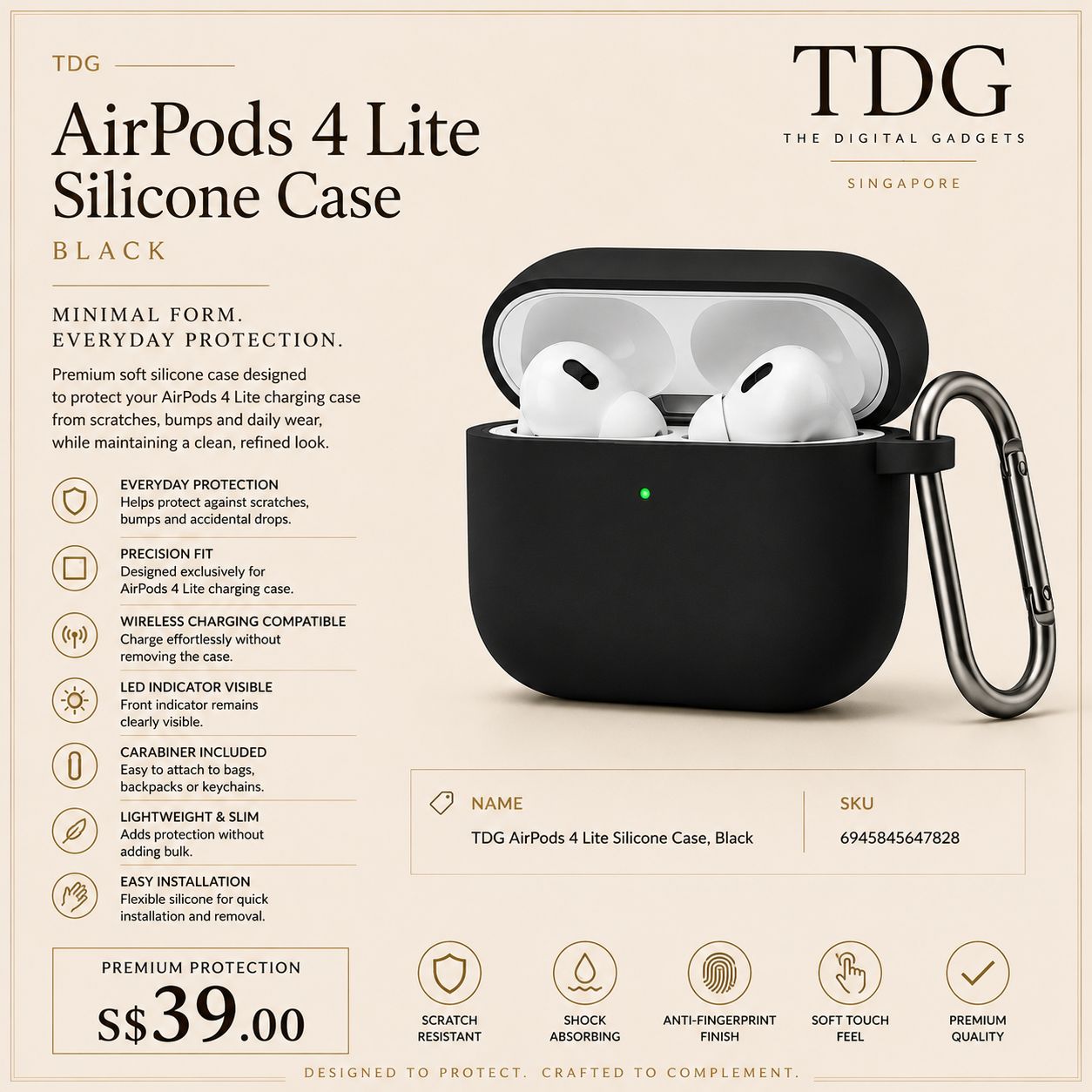 TDG AirPods 4 Lite Silicone Case, Black