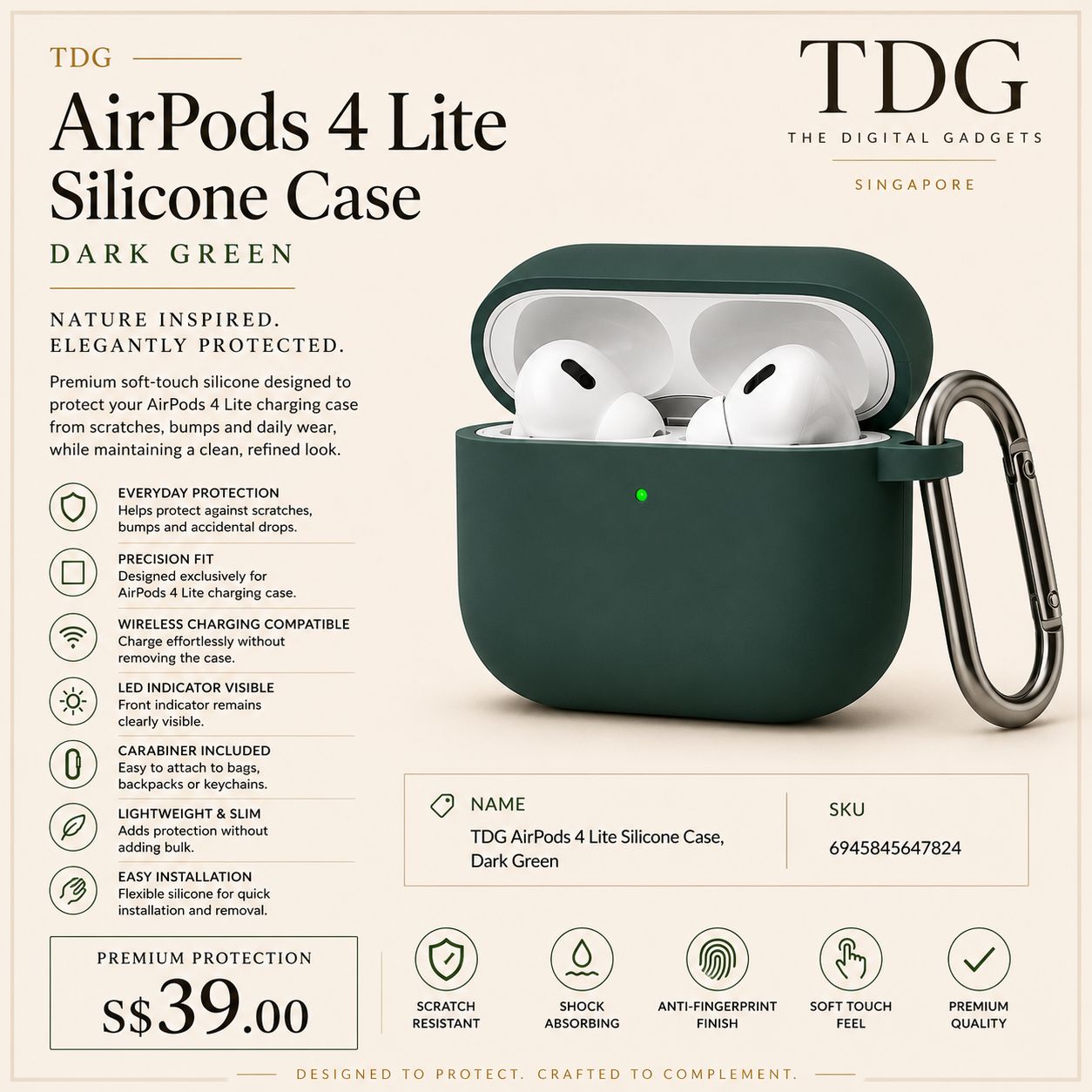 TDG AirPods 4 Lite Silicone Case, Dark Green