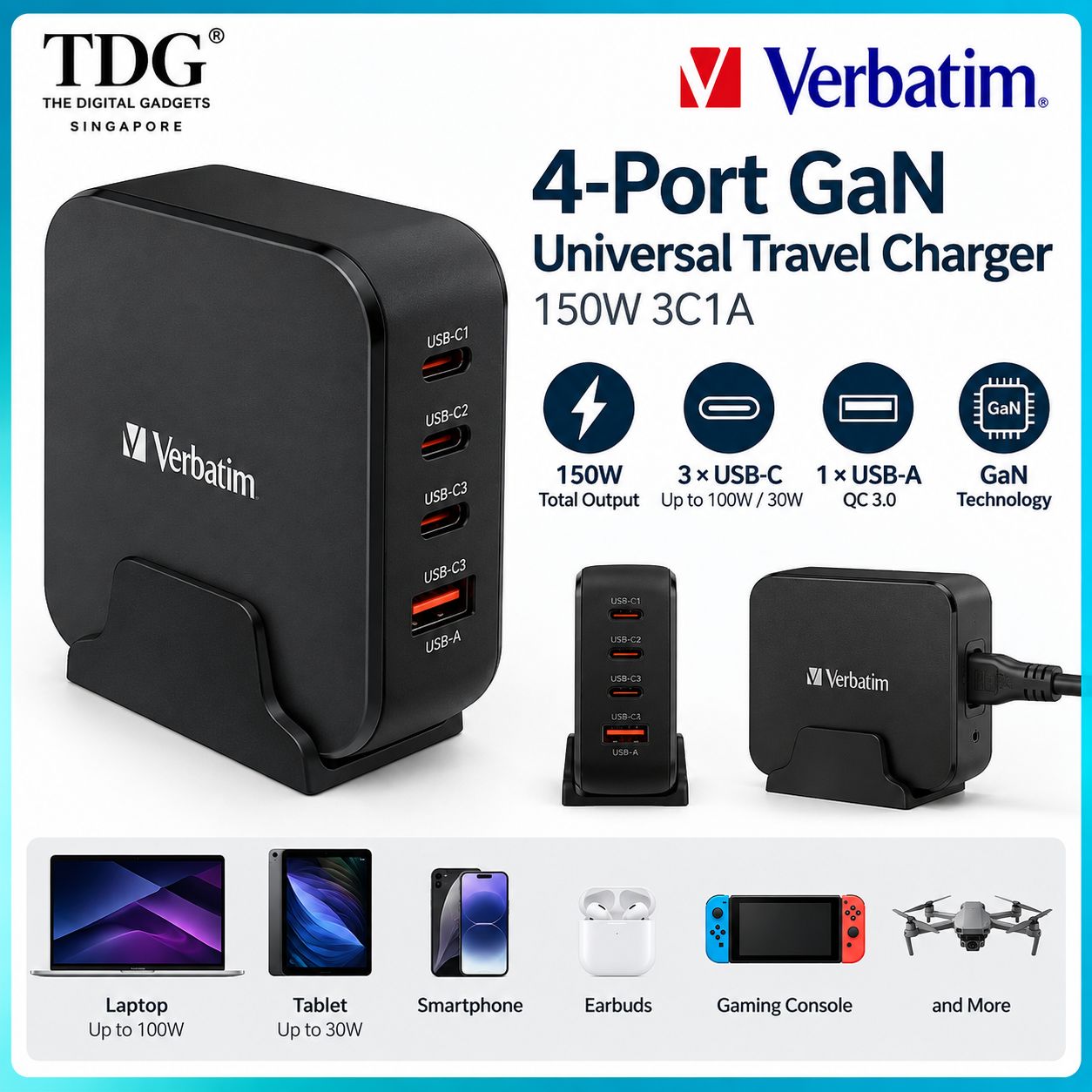 Verbatim 4-Port GaN Universal Travel Charger 150W 3C1A - Black