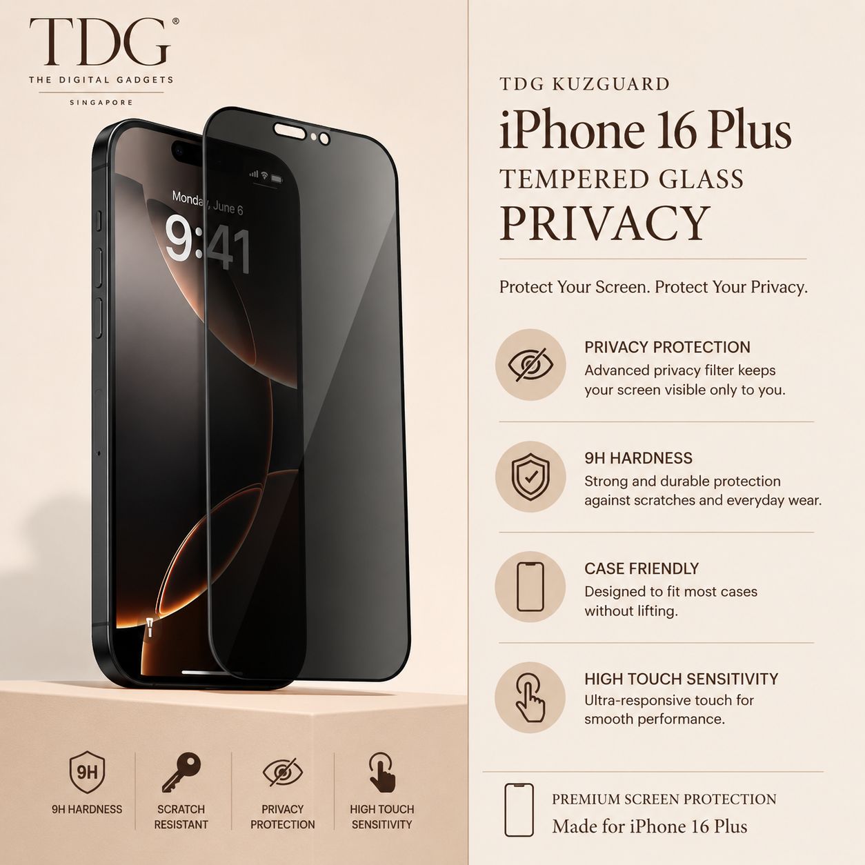 TDG KuzGuard iPhone 16 Plus Tempered Glass, Privacy