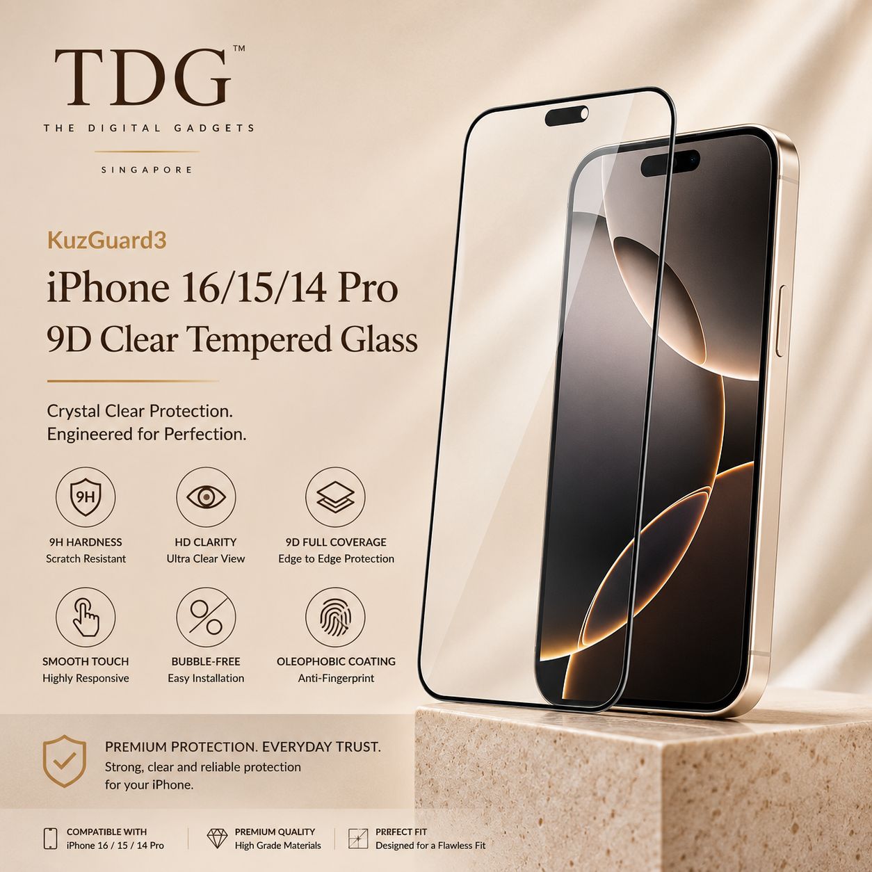 TDG KuzGuard3 iPhone 16/15/14 Pro T.Glass, 9D CLEAR