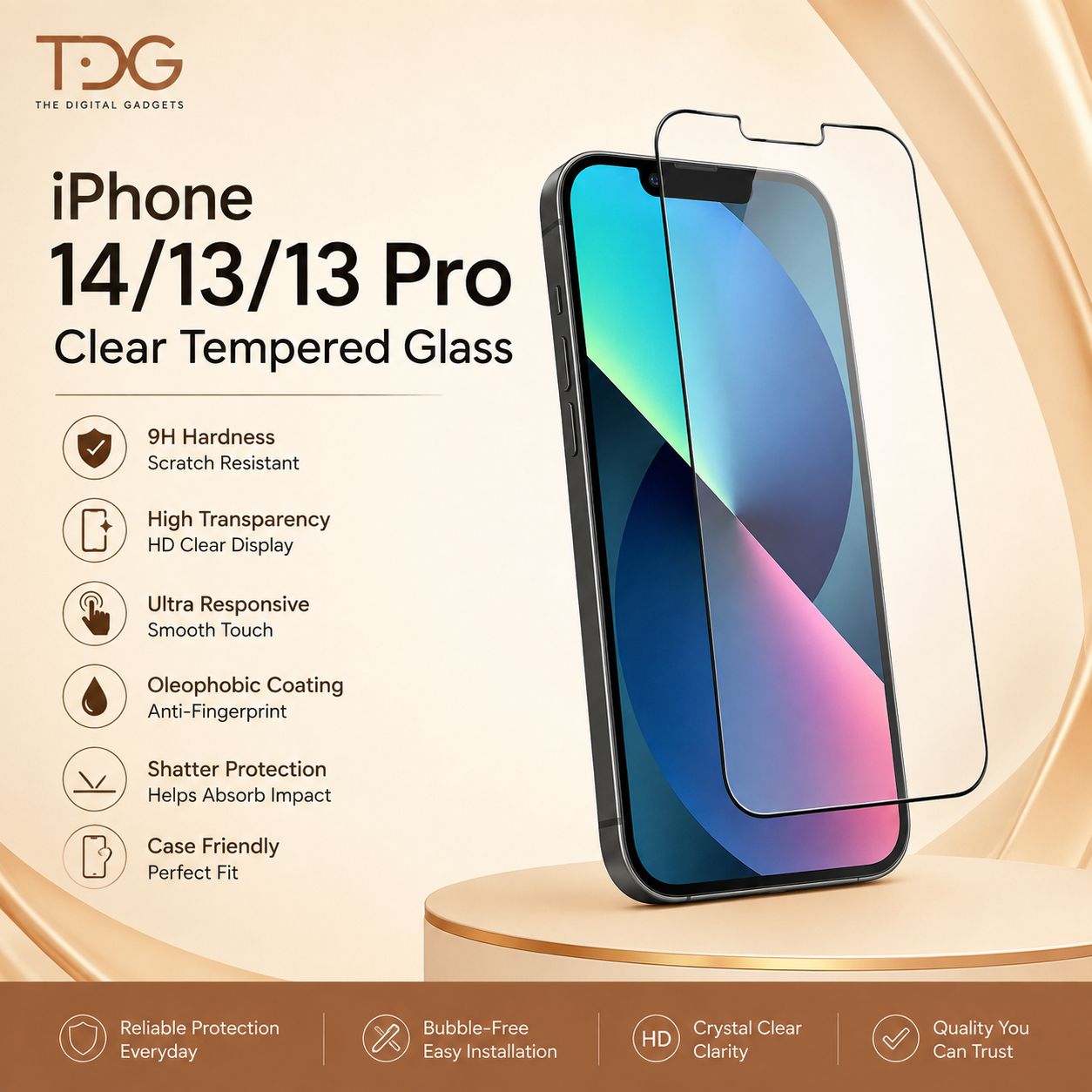 TDG iPhone 14/13/13 Pro Clear Tempered Glass