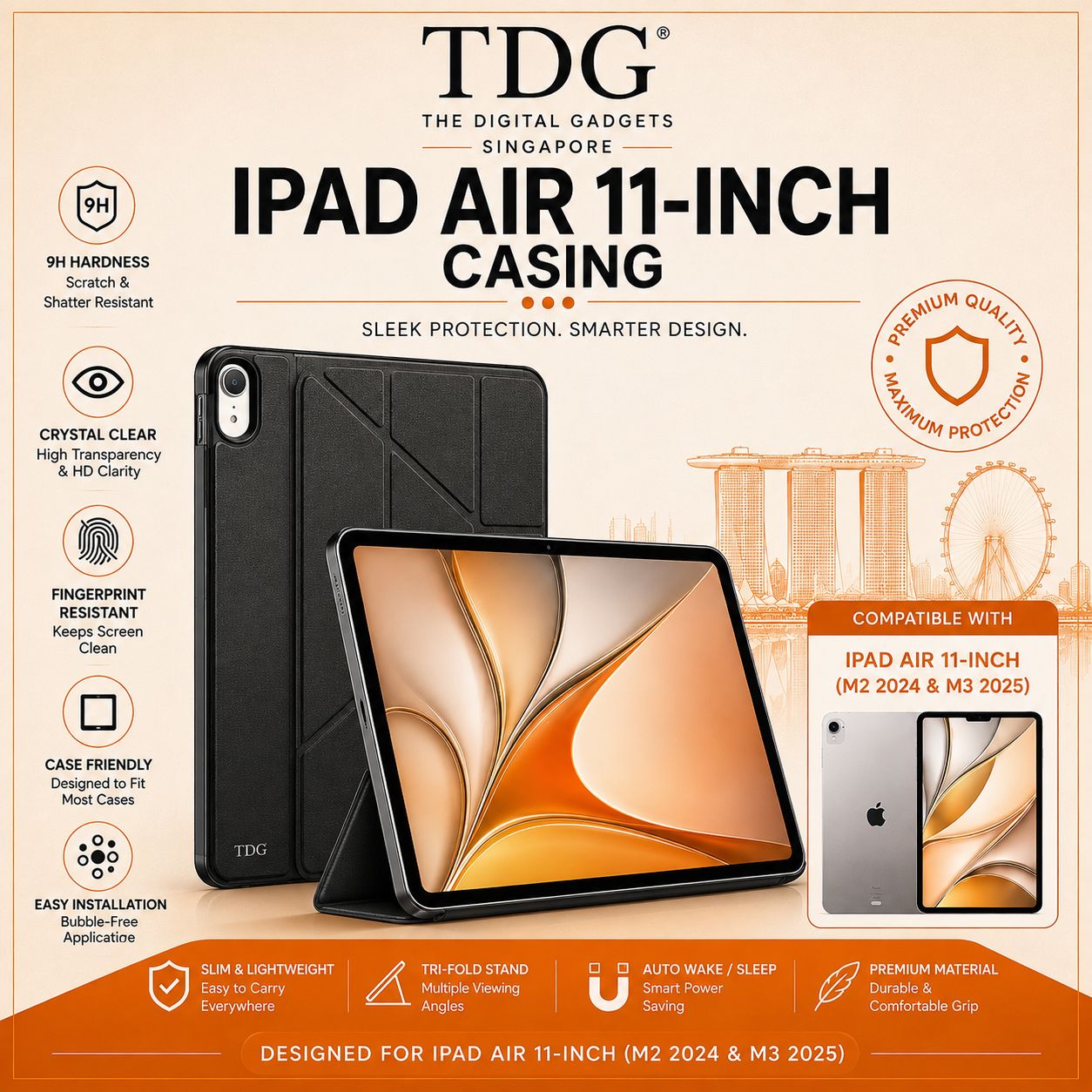 TDG iPad Air 11-inch Protective Folio Case – Black