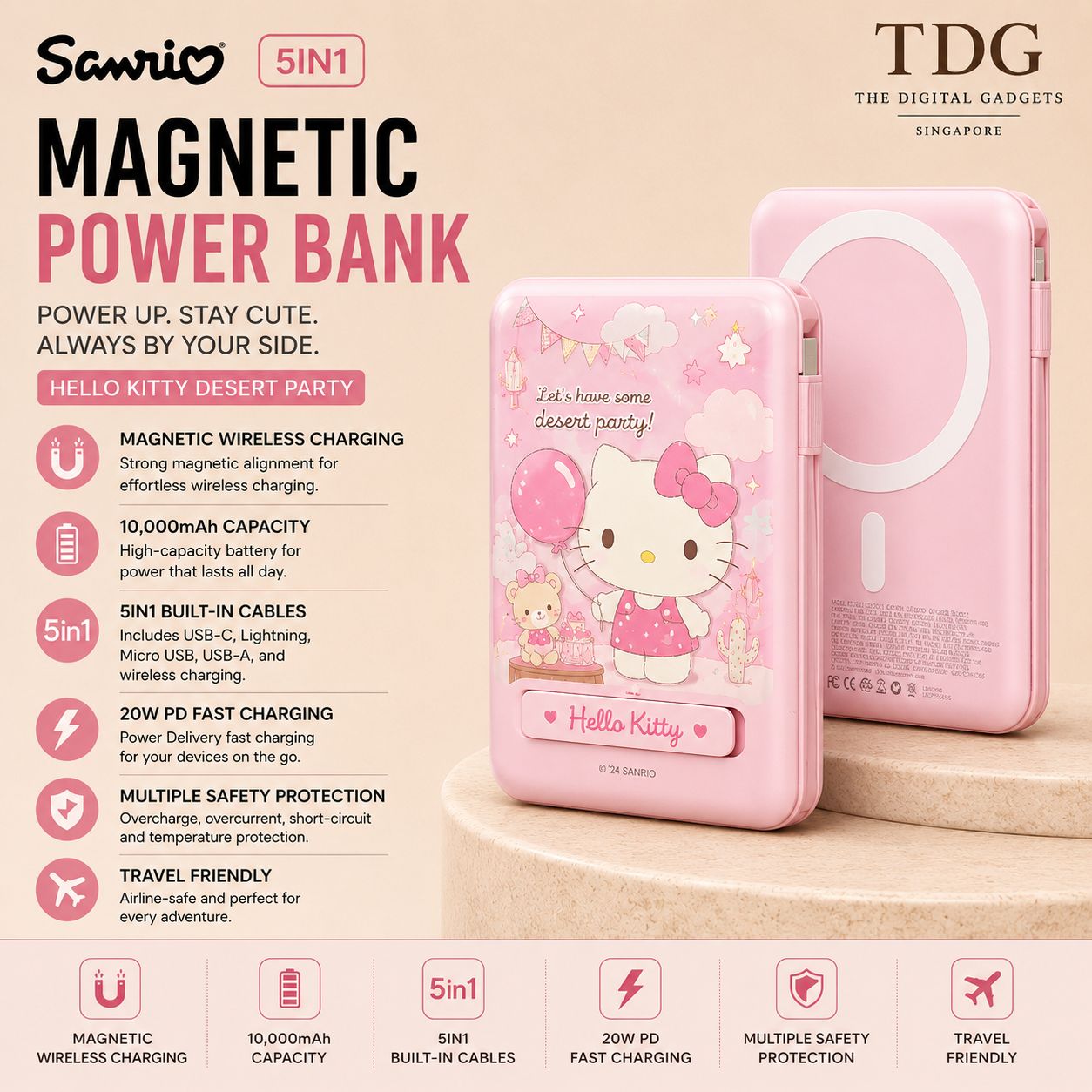 Sanrio 5in1 Magnetic Wireless Power Bank 10,000mAh, Hello Kitty Desert Party