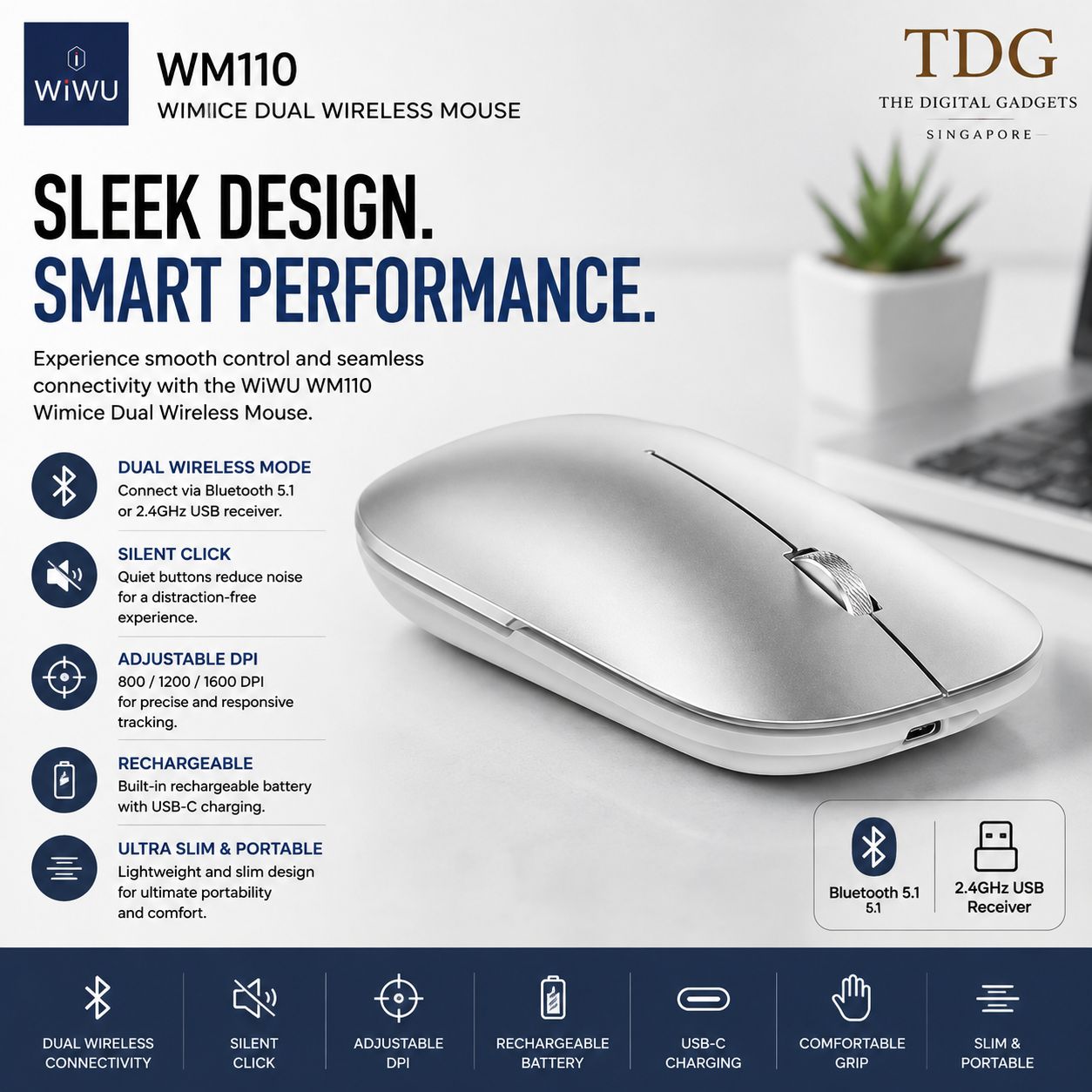 WiWU WM110 Wimice Dual Wireless Mose, Silver