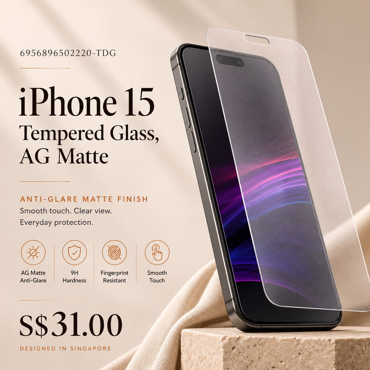 KuzGuard iPhone 15 Tempered Glass, AG Matte