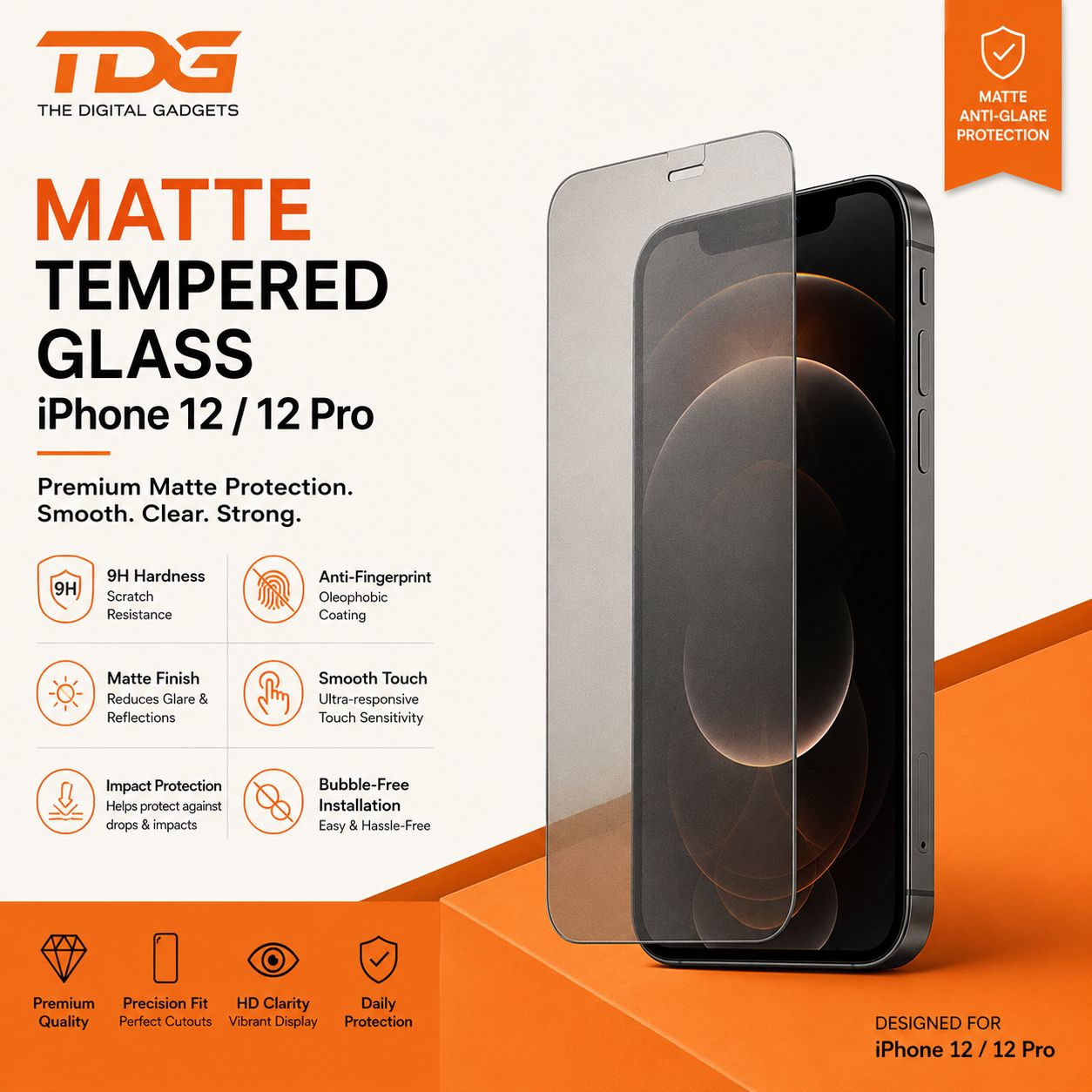 TDG iPhone 12/12 Pro Matte Tempered Glass Screen Protector