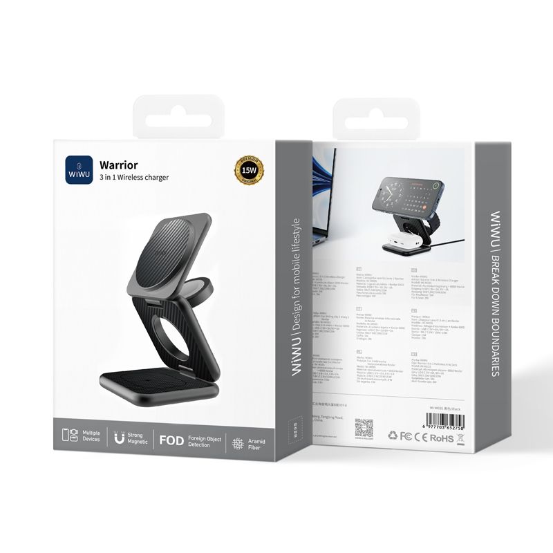 WiWU W035 Warrior 3 in 1 Wireless Charger, Black. Aramid Fiber Kevlar