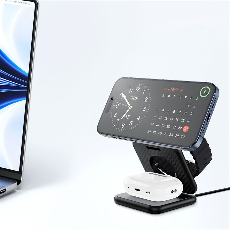 WiWU W035 Warrior 3 in 1 Wireless Charger, Black. Aramid Fiber Kevlar